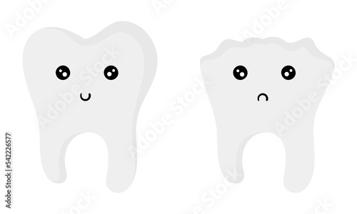 illustration of healthy teeth with smiling face and cavities with frowning face on white background