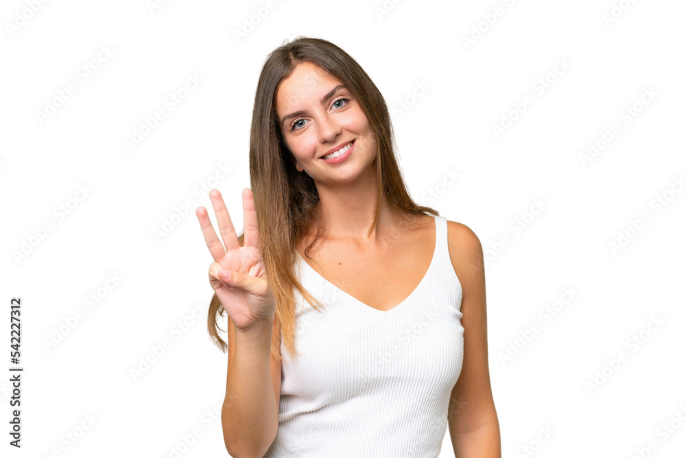 Young pretty woman over isolated background happy and counting three with fingers Young pretty woman over isolated background happy and counting three with fingers