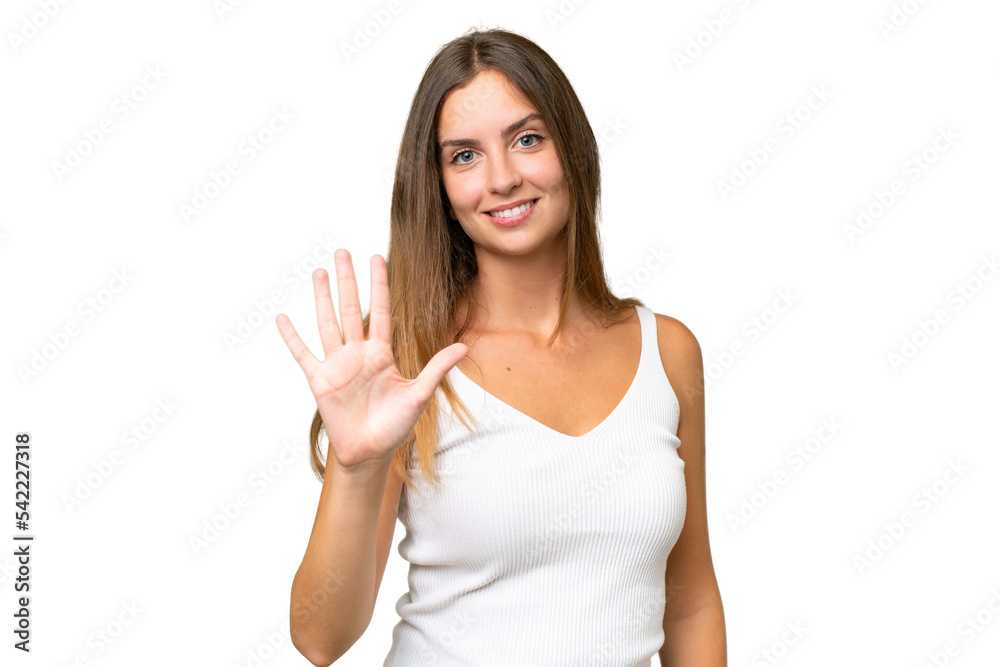 Young pretty woman over isolated background counting five with fingers Young pretty woman over isolated background counting five with fingers