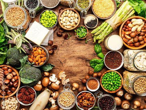 Vegan protein. Full set of plant based vegetarian food sources. Healthy eating, diet ingredients: legumes, beans, lentils, nuts, soy and almond milk, tofu, mushrooms, quinoa, chia, vegetables, spinach