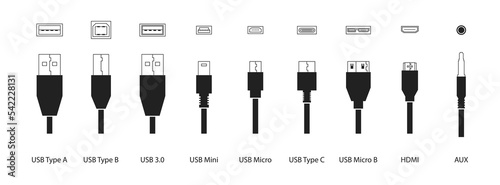 Black cabels icon set. Usb type A, type B, type C, 3.0, micro, mini, Micro B, AUX, HDMI. Vector EPS 10