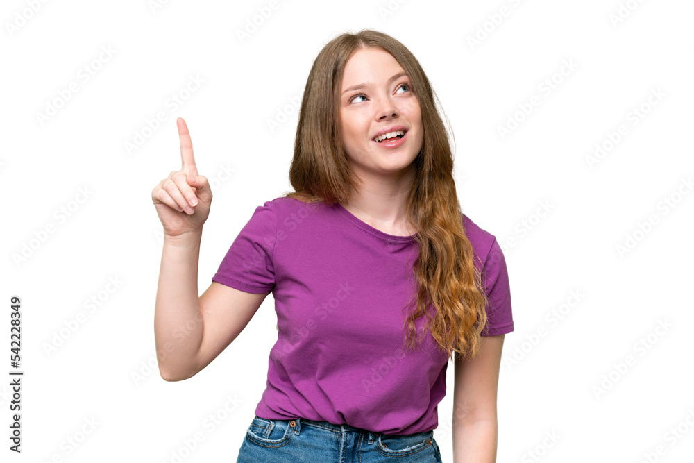 Young pretty woman over isolated background pointing up and surprised Young pretty woman over isolated background pointing up and surprised