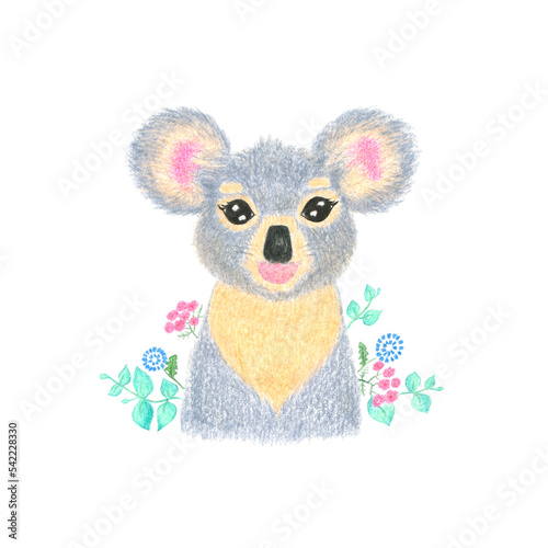 cute baby koala with leaves and flowers. Koala head Hand drawn illustration