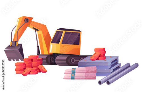 Construction road buildings car tools digger equipment abstract concept. Vector graphic design illustration element