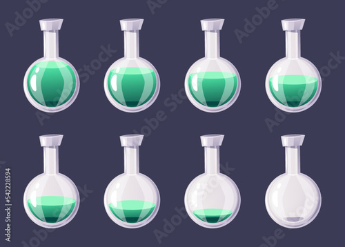 Potion elixir bottle flask poison full and empty loaded stage steps geme ui concept set. Vector graphic design illustration element