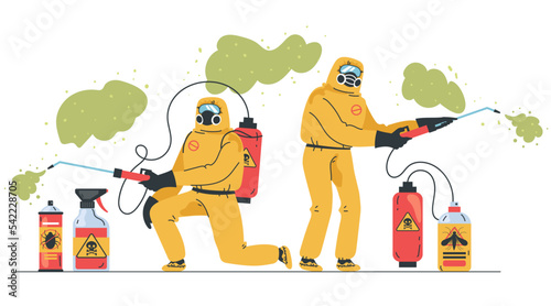 Disinfector workers making disinfection protection work. Pest control concept. Vector graphic design illustration element
