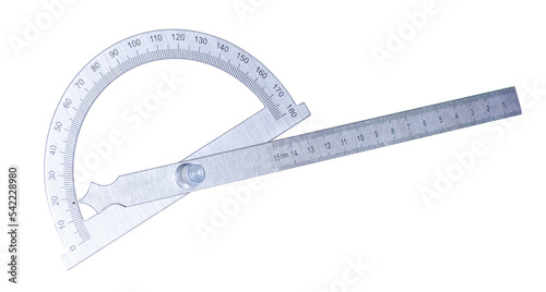Degree protractor metal ruler on white background isolation