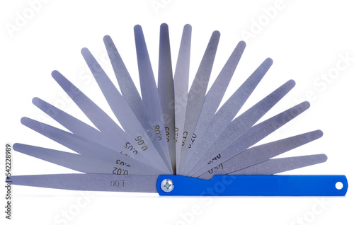 Stainless steel double end feeler gauge on white background isolation