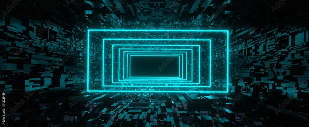 Obraz premium New glowing tunnel in cyber room background. Laser blue corridor in dark 3d render digital surface. Colorful rectangular hyper jump in virtual reality