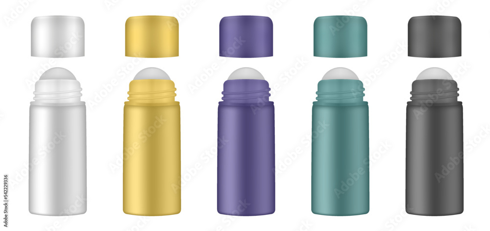 Set of roller ball bottles. Body antiperspirant deodorant roll-on, open blank bottles with screw cap. Realistic vector mockup. Roller Applicator. White, yellow, black, purple and green containers Set of roller ball bottles. Body antiperspirant deodorant roll-on, open blank bottles with screw cap. Realistic vector mockup. Roller Applicator. White, yellow, black, purple and green containers