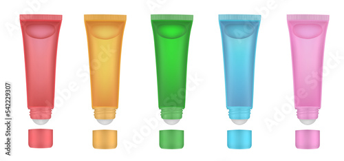 Set of roller ball tubes. Body antiperspirant deodorant roll-on  open and closed blank tubes with screw cap. Transparent bottle. Eye Cream Roll Ball Tube. Pink  blue  green  yellow  red colors