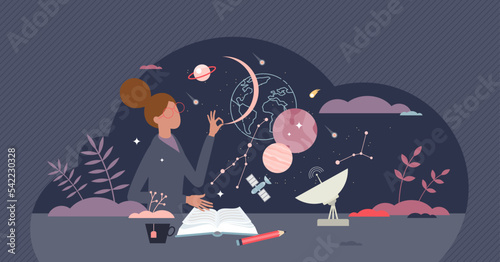 Science of astronomy and cosmos or stars laws research tiny person concept. Knowledge about galaxy and planetary celestial objects vector illustration. Scientist with knowledge or scientific education