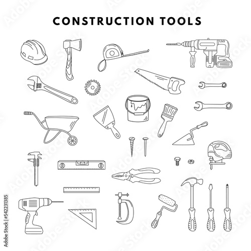 Construction tools. Outline hand drawn elements. The concept of home renovation, construction.
