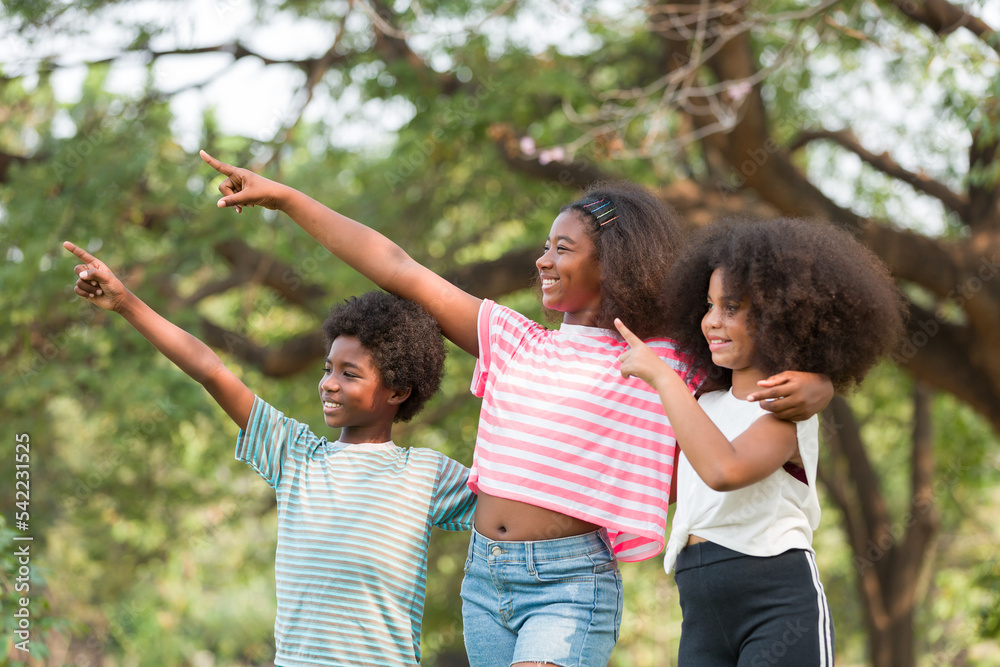 Group of African American boy and girl playing and hugging together outdoor. Happy afro children playing together in the park. Happy black people concept Group of African American boy and girl playing and hugging together outdoor. Happy afro children playing together in the park. Happy black people concept