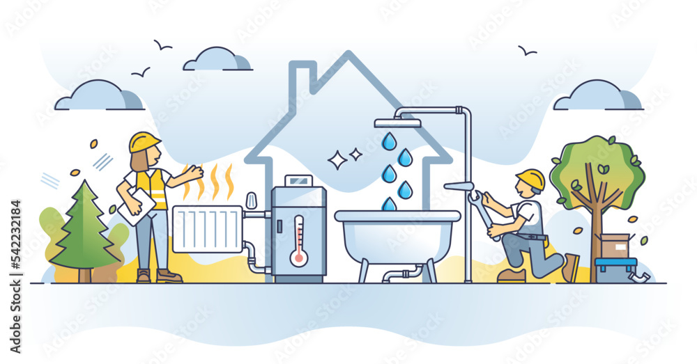 Plumbing and heating service for central boiler system outline concept. Hot water heating boiler maintenance or installation for winter season vector illustration. Thermal radiator for climate control