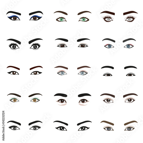 A set of different eyes and eyebrows. Portrait of women of Different ethnic groups.Vector illustration in cartoon style.