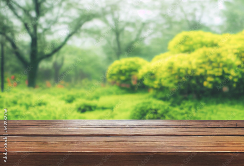 Naklejka premium Empty wooden table in Sakura Flower Park with garden bokeh background. Product mockup template.