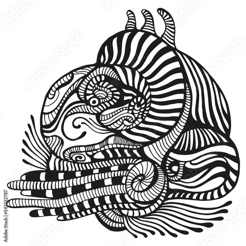 Black ink abstract creative fantastic alien pattern coloring page, isolated on white background. Decorative bizarre ornament doodle style.