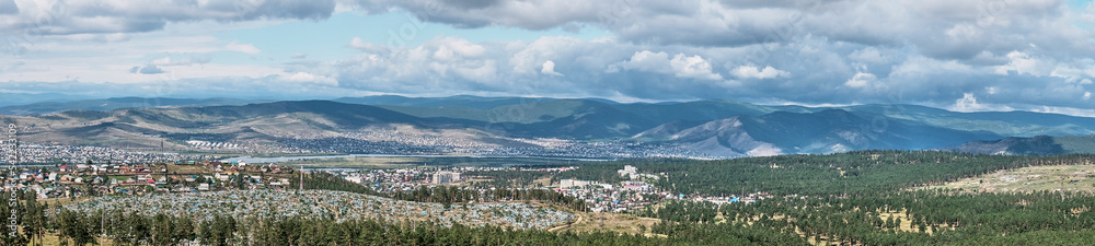 View city Ulan-Ude, Russia from observation deck of Buddhist datsan Rinpoche Bagsha on mount Lysaya