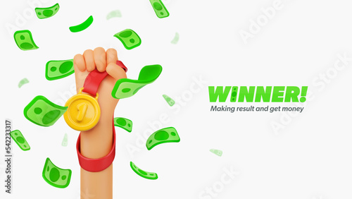 Winning money in sport competition or jackpot. Lottery winner vector illustration. Falling money bills and hand holding golden medal on white background.