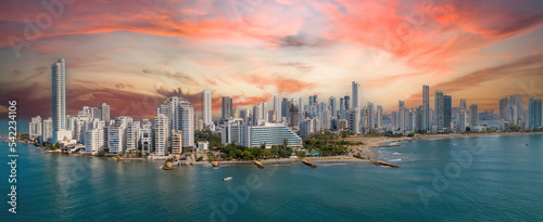 The modern skyscrapers in the Cartagena Colombia Bocagrande district panorama aerial epic sky view