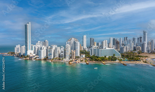 The modern skyscrapers in the Cartagena in Colombia aerial panorama sky clouds view
