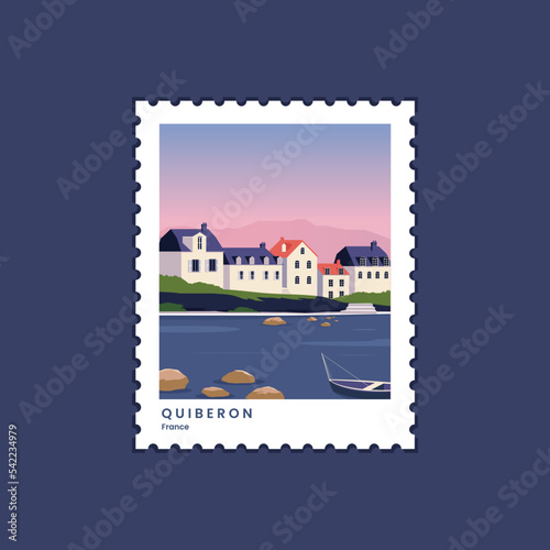 Quiberon, France travel postage. vector illustration postage stamp for using on envelopes, mail.