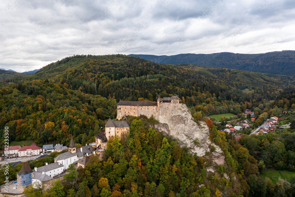 landscape of Orava Castle and the village of Oravksy Podzamok in late autumn