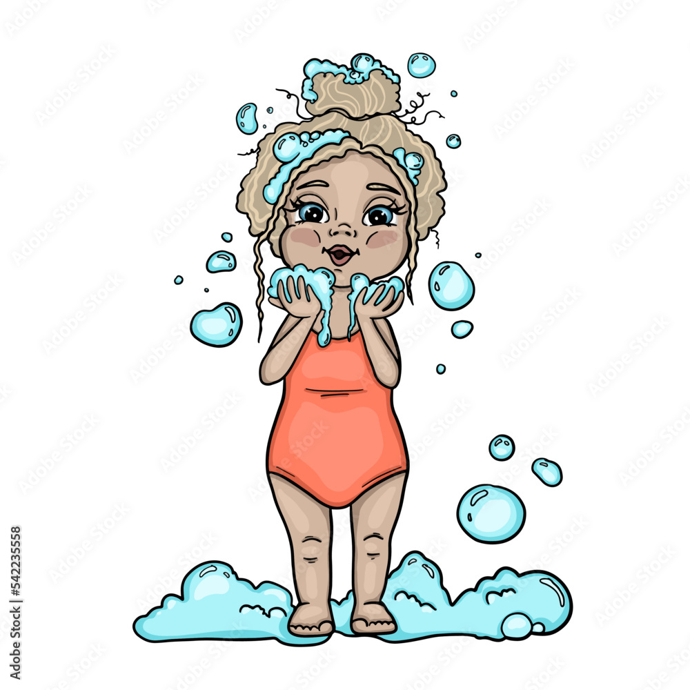 Girl kid bathing little blonde hair girl in a swimsuit blowing soap