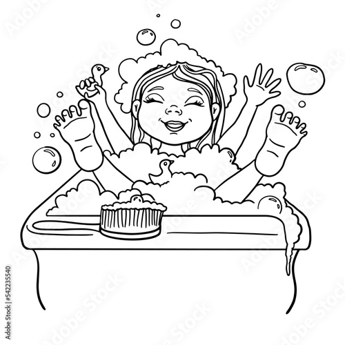 Kid bathing - little girl in a soap bubbles from bath foam. Cartoon black vector lineart illustration. Design for children coloring page, books, bath cosmetics.