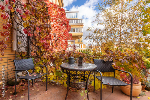 Print op canvas Outdoor terrace with garden furniture on a sunny autumn day