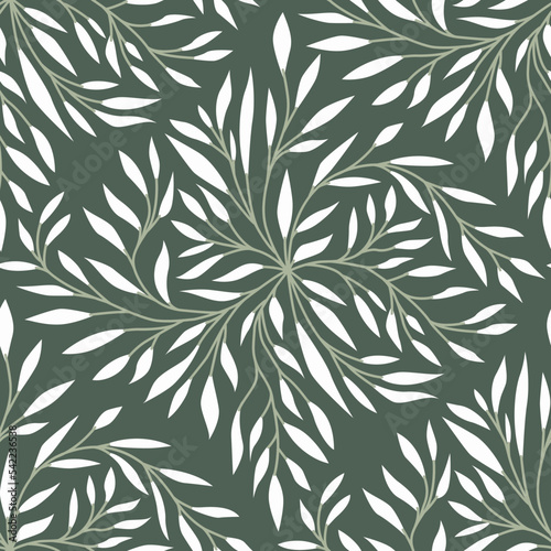 Abstract pattern of herb blooming and white flowers on green background