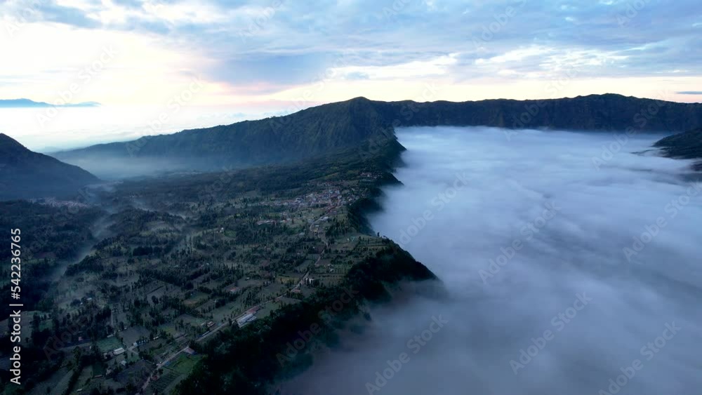 Aerial view of the Mount Bromo, is an active volcano and part of the Tengger massif, in East Java, Indonesia. 