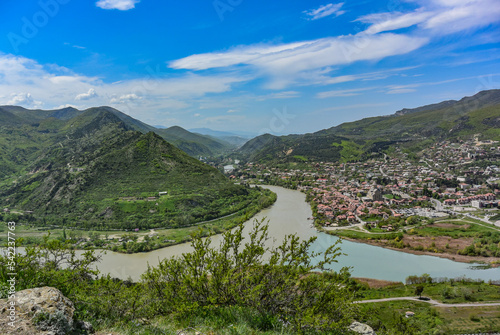 The Mtkvari River flows into the Aragvi River near the Jvari Monastery, Mtskheta, April 2019. Georgia