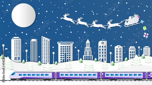 Winter night Christmas city Winter landscape with train paper cut-out and fir trees in snow Festive horizontal banner with city and flying Santa's sleigh with gifts in night sky, snowfall moon and fir