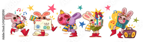 Illustrations of rabbits - symbol of the Chinese new year 2023. Rabbits Stickers with Christmas attributes. Can be used as holiday card design elements.