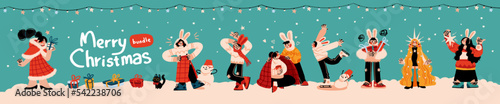 New Year And Christmas Greeting Card with happy playful kids.