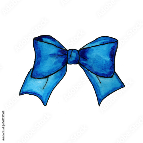 Decoration bow painted in watercolor. Satin blue bow hand draw.