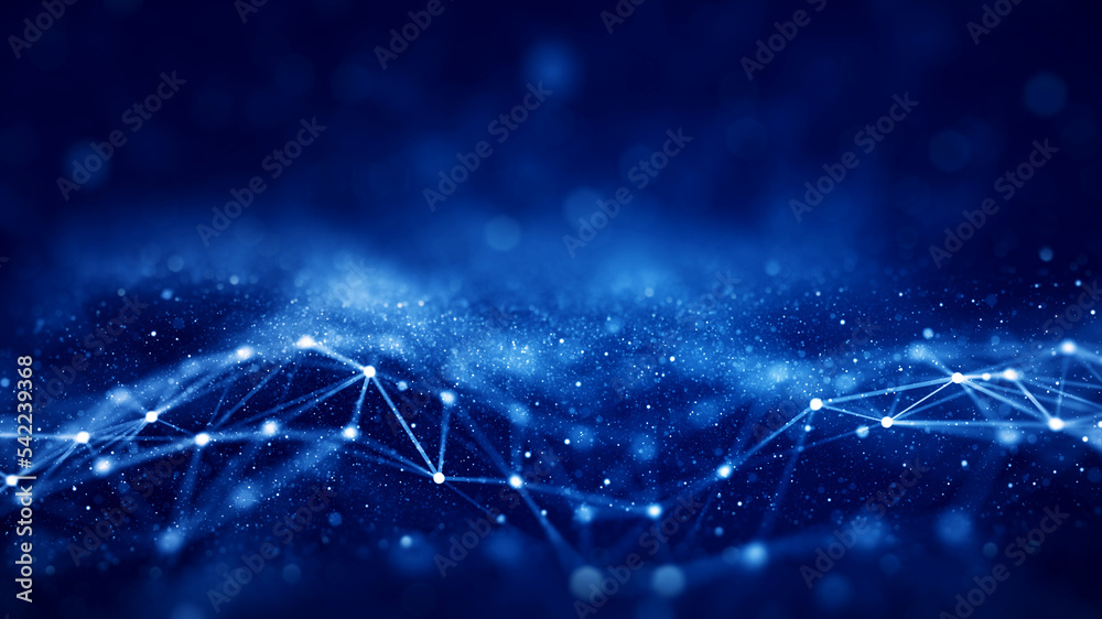 Polygon abstract blue background is connected with small blurred bokeh particles around it.
