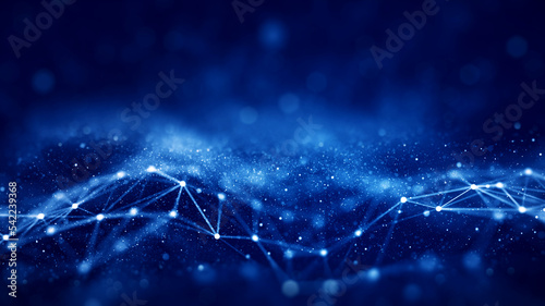 Polygon abstract blue background is connected with small blurred bokeh particles around it.