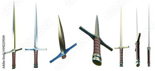 3d rendering of a dagger or small steel or iron sword from different angles. Can be used for example in photo manipulations