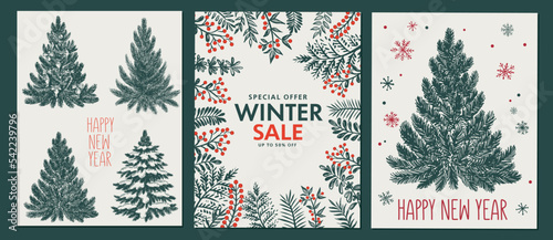 Christmas tree, toys, hand drawn style, vector illustration	
