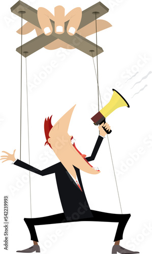 Master, puppet man, megaphone and news. 
Master controls another man holding megaphone like puppet by cords. Isolated on white illustration
