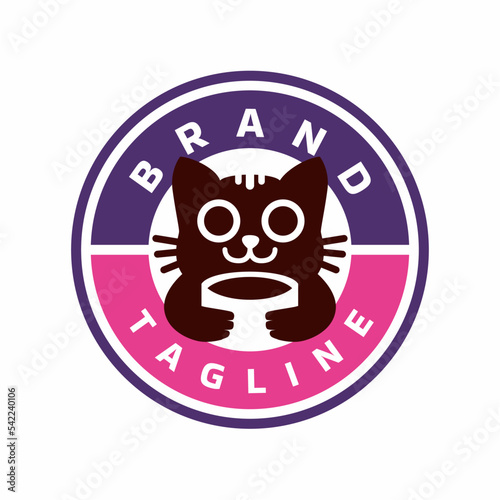 Cute Cat Drink Logo Design On Circle Frame