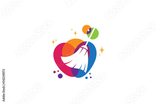 Cleaning service logo with a broom shape concept in colorful bubbles and sparkling star decoration
