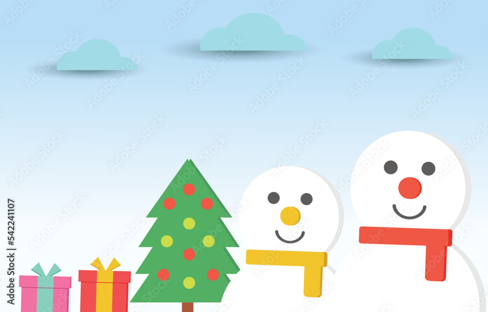 Vector christmas day festival backgound or winter with snowman , christmas tree and giftbox.Illustration vector of christmas day background sale concept.use for X mas day festival , winter gift sale. Vector christmas day festival backgound or winter with snowman , christmas tree and giftbox.Illustration vector of christmas day background sale concept.use for X mas day festival , winter gift sale.
