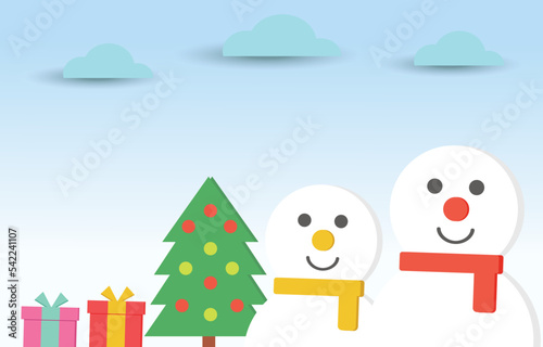 Vector christmas day festival backgound or winter with snowman , christmas tree and giftbox.Illustration vector of christmas day background sale concept.use for X mas day festival , winter gift sale.