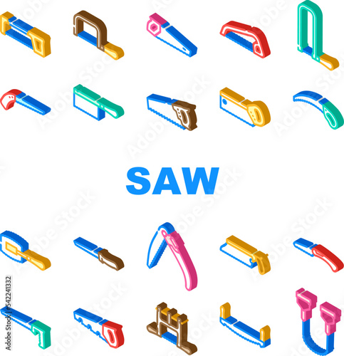 hand saw construction icons set vector. tool wood, carpentry blade, equipment handsaw, work metal, cut worker, carpenter hand saw construction isometric sign illustrations