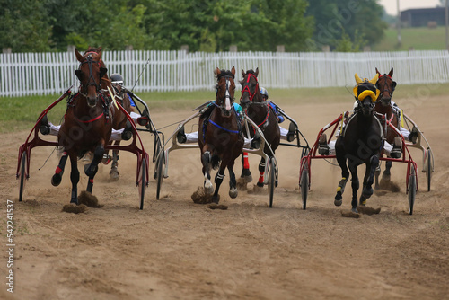 Horses and riders running at horse races