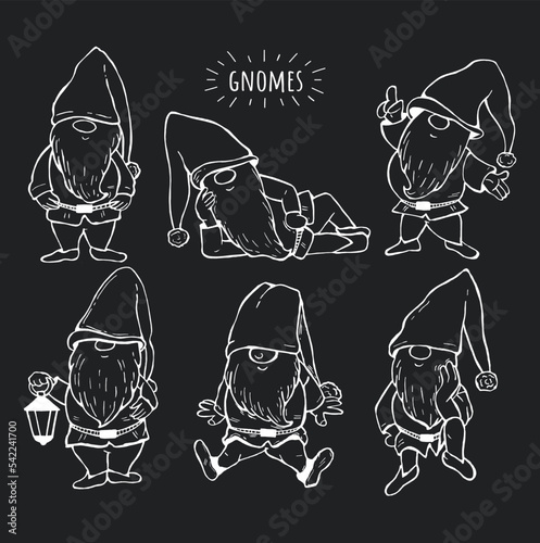  gnomes set vector. gnomes in different poses sketch. collection of gnomes freehand drawing vector. gnomes on black background chalk sketch vector.